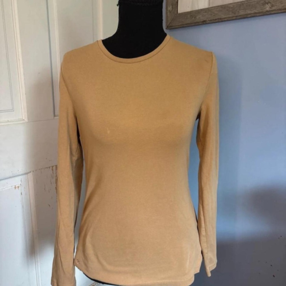 Lauren Ralph Lauren Womens Medium Beige Tan Long Sleeve Crew Neck Top Cotton